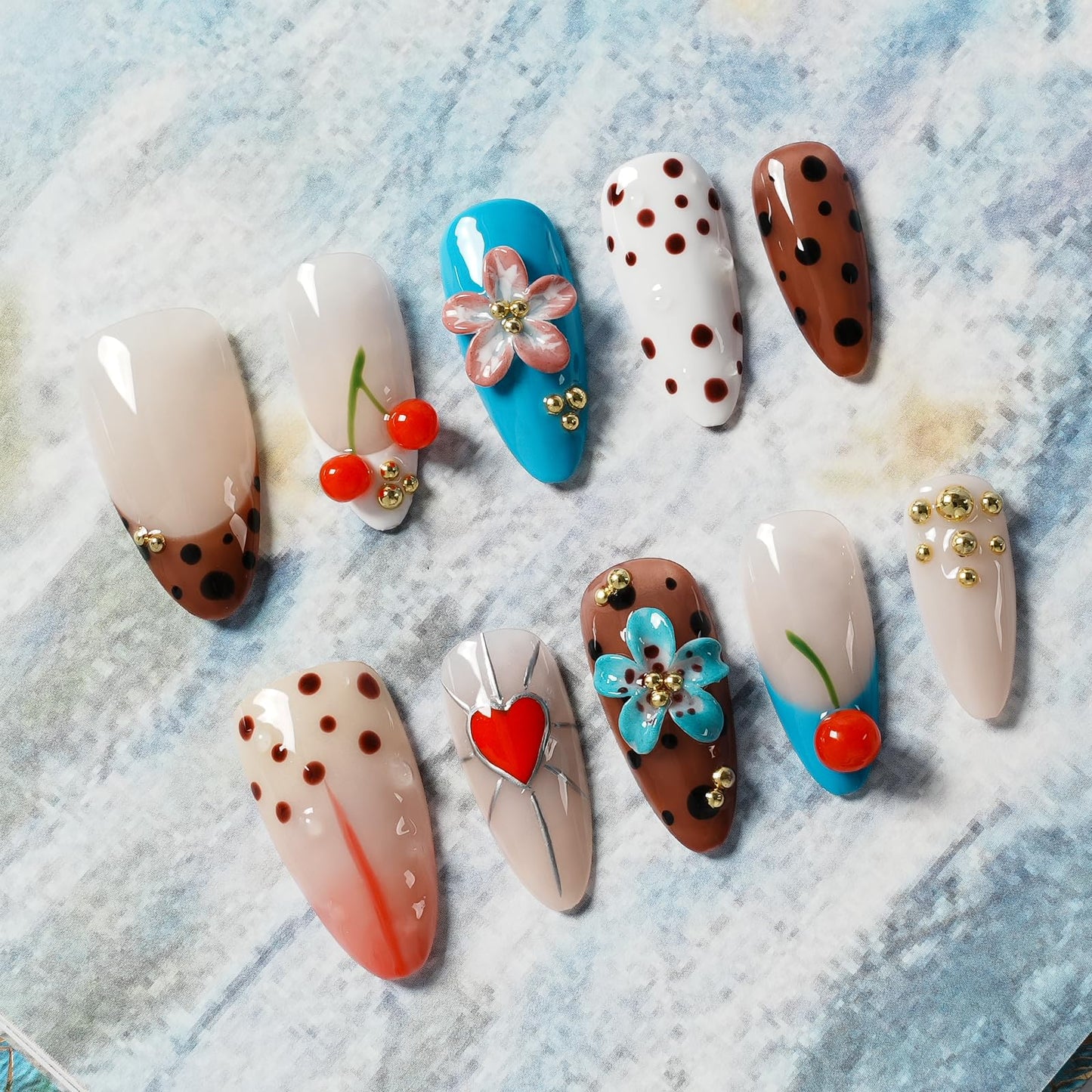 Tesytto 3D Cherry Press on Nails Almond - Handmade Flower & Heart Design, Gold Bead Polka Dot Glossy Reusable False Nails for Summer (Sweet Fun Flower Cherry, L)