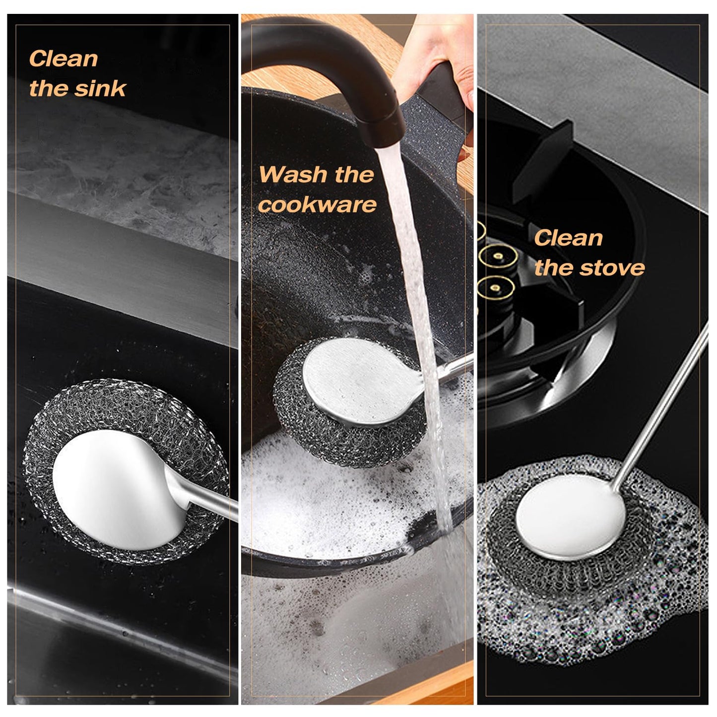 Heavy Duty Stainless Steel Scrubber Set - Long & Short Handle with 5 Steel Wool Pads, Cast Iron & Pot Scrubber for Dishes, Pans, Grills, Stoves