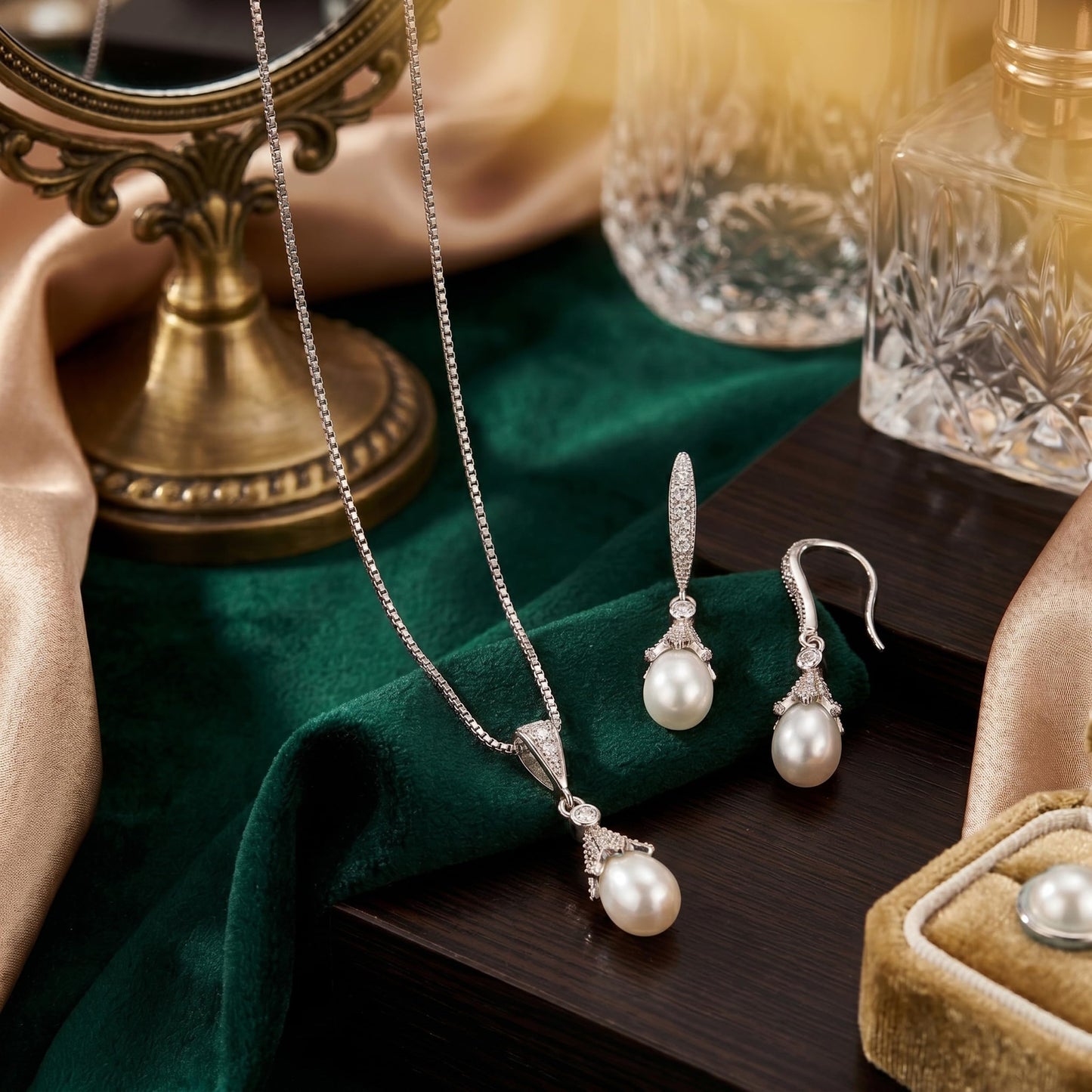 Mariell Wedding Necklace & Earrings CZ Jewelry Set with Dainty Freshwater Pearl for Bridesmaids & Brides