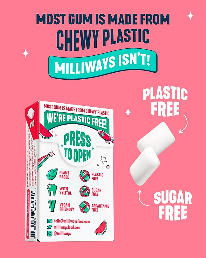 Milliways Best Sellers Bundle - Peppermint, Spearmint & Watermelon | Plastic Free Gum | Xylitol, Aspartame-Free, Sugar-Free, Plant-Based, Natural Chewing Gum | 3 x 12 Packs (36 Pack Total)