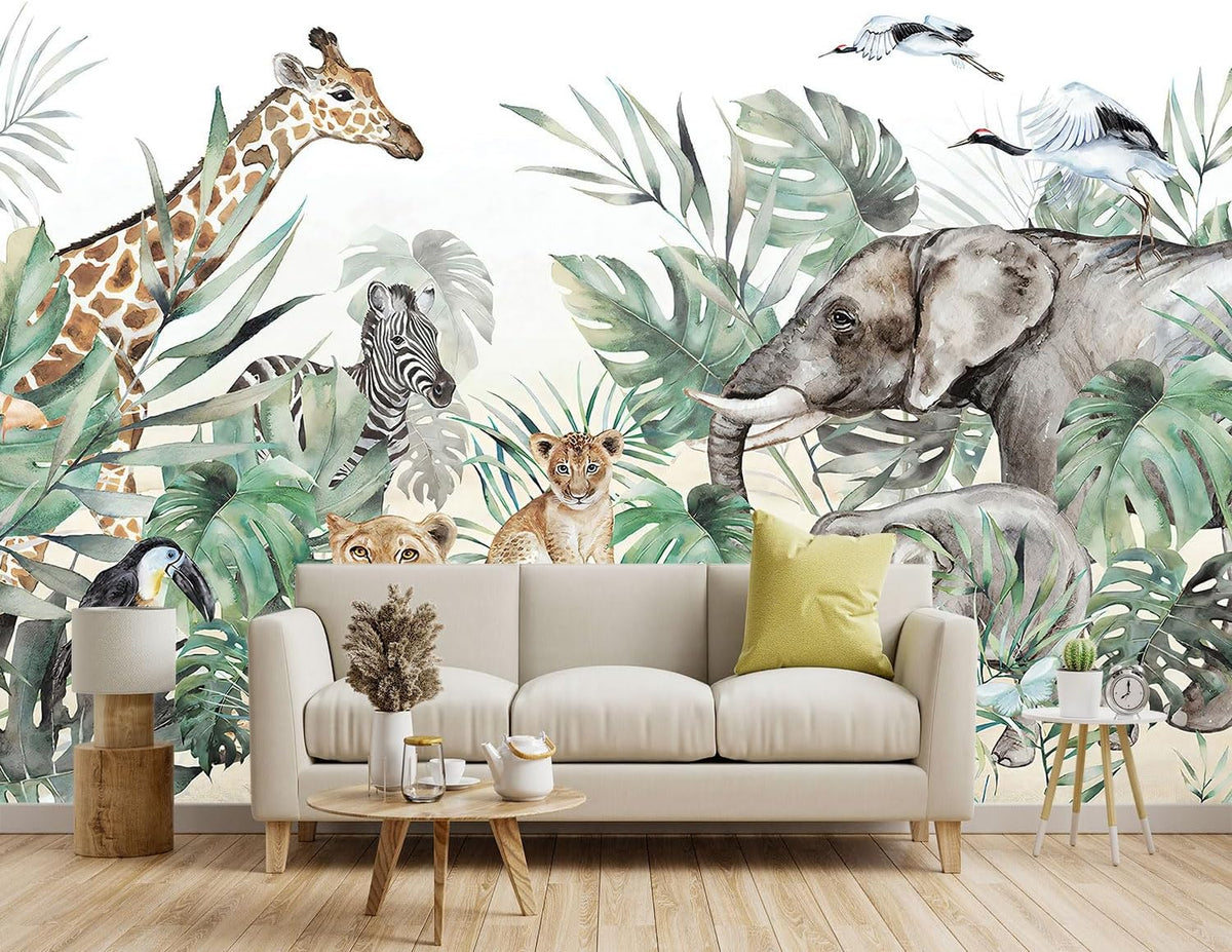 -Tropical Rainforest Plants Animals Tigers Fabric Wallpaper Jungle Plants Banana Leaves Boys Girls Kindergarten Children Bedroom Large Mural- 91"x65"（ not Peel and Stick）
