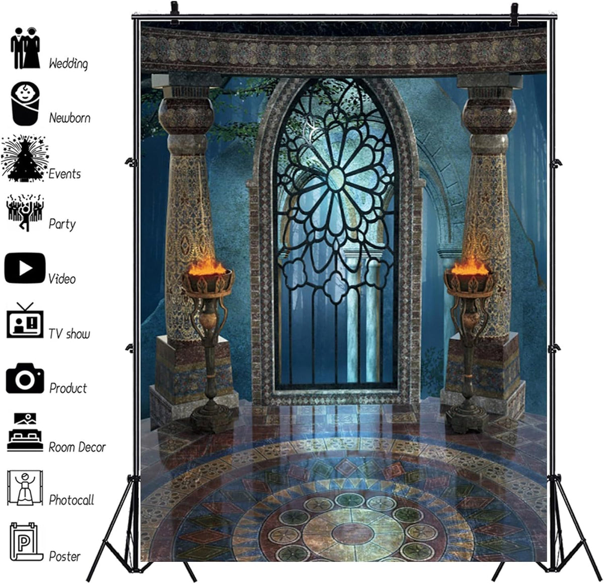 Renaiss 10x12ft Medieval Castle Backdrop for Photoshoot Portrait Pillar Torch Gothic Stone Tower Ancient Old Fortress Interior Photography Background Halloween Party Decor Wallpaper Photo Studio Props