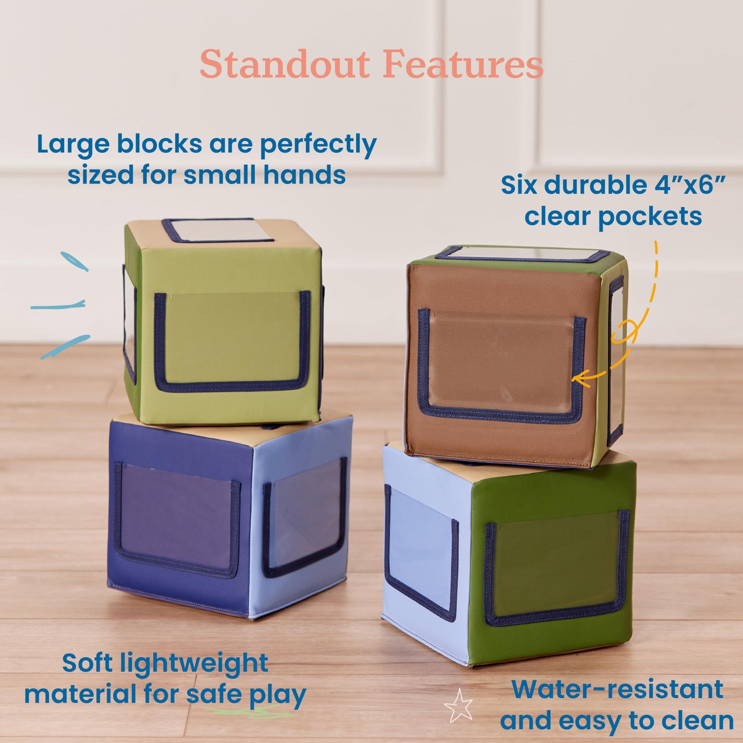 ECR4Kids SoftZone Picture Me Building Block Playset, Stacking Cubes, Earthtone, 4-Pack