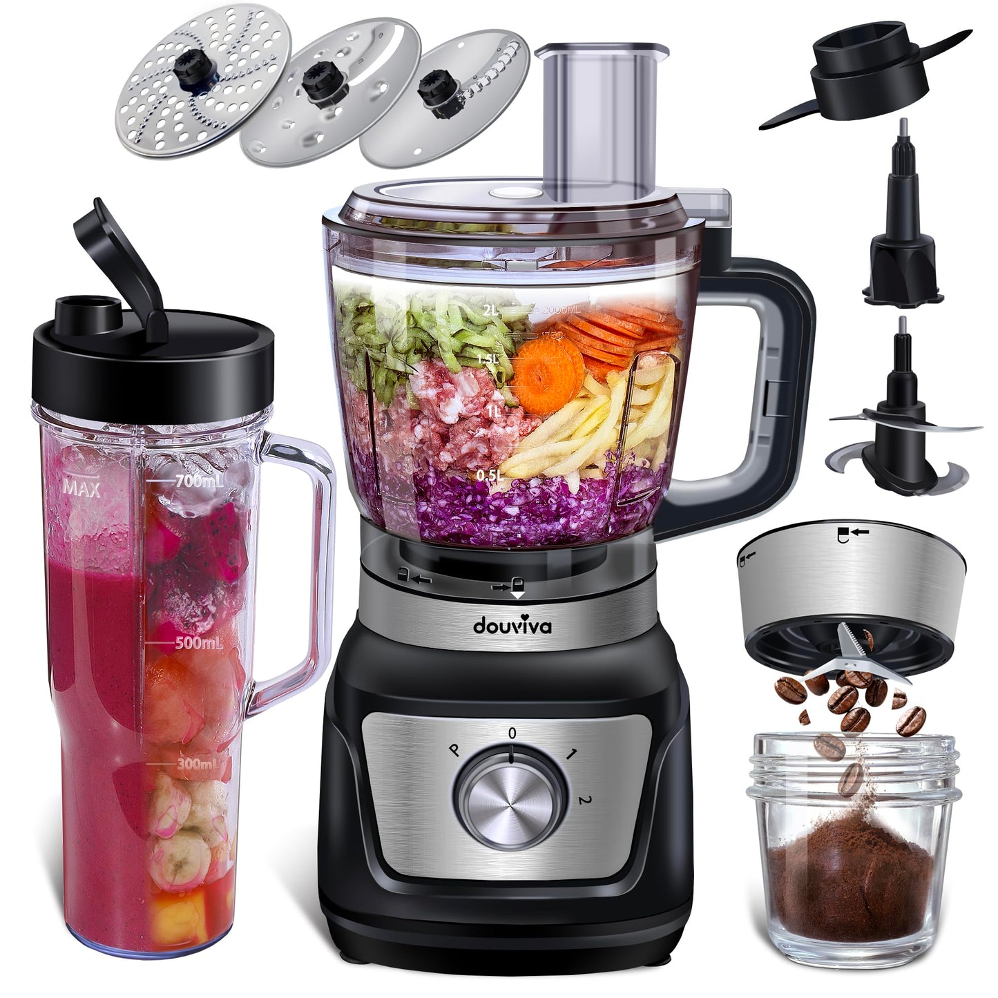 All In One Food Processor Blender Bombo 1000W,8 Cup Food Processor,24oz To-Go Lid Cup, for Smoothies/Shakes/Mixing/Shredding/Slicing/Chopping/Dough/Grinder, Black