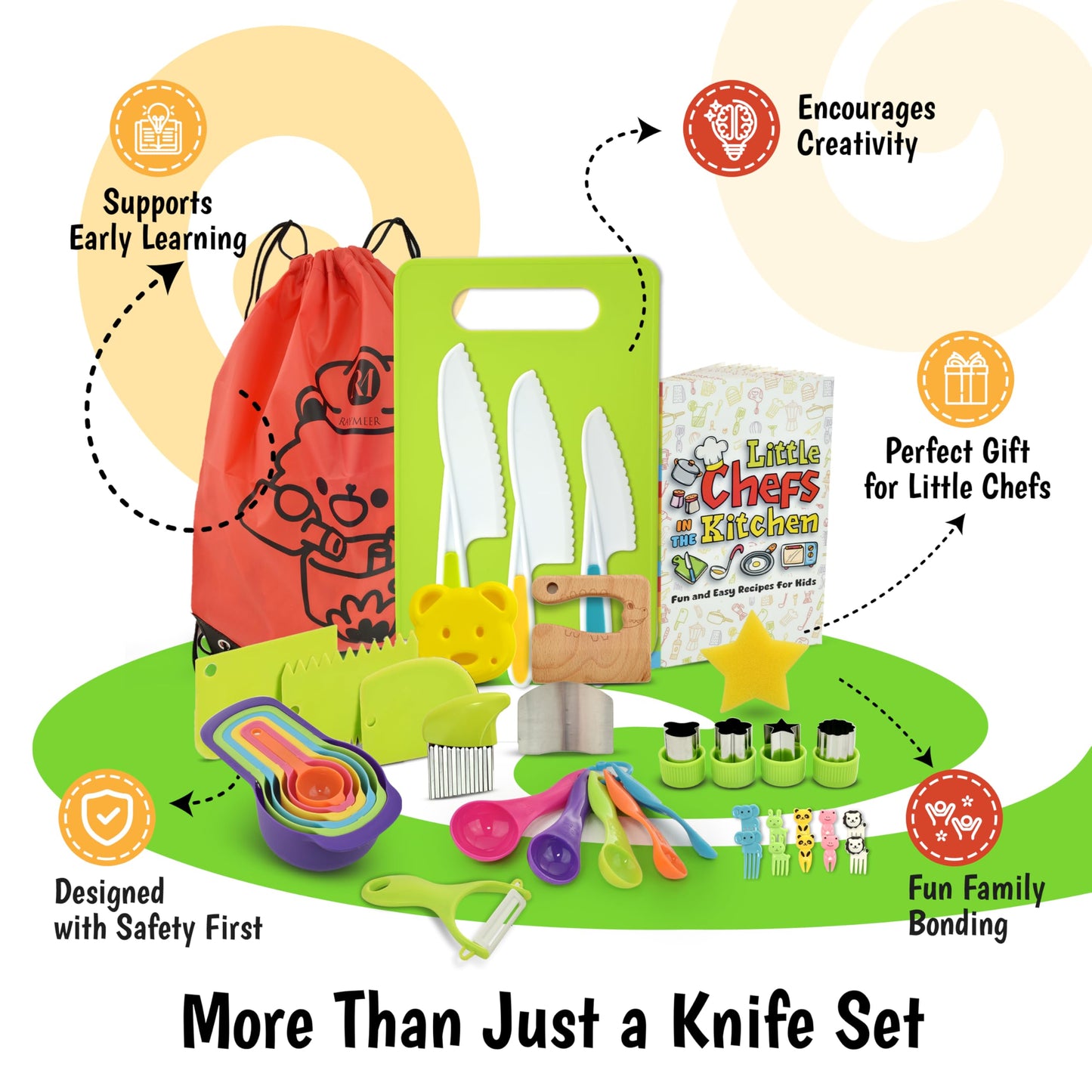 40-Pcs Kids Knife Set for Real Cooking, Toddler Cooking Set Montessori with Recipes Book, Toddler Kitchen Tools for Cooking, Kids Cooking Sets Real - Cutting Board and Knife Set