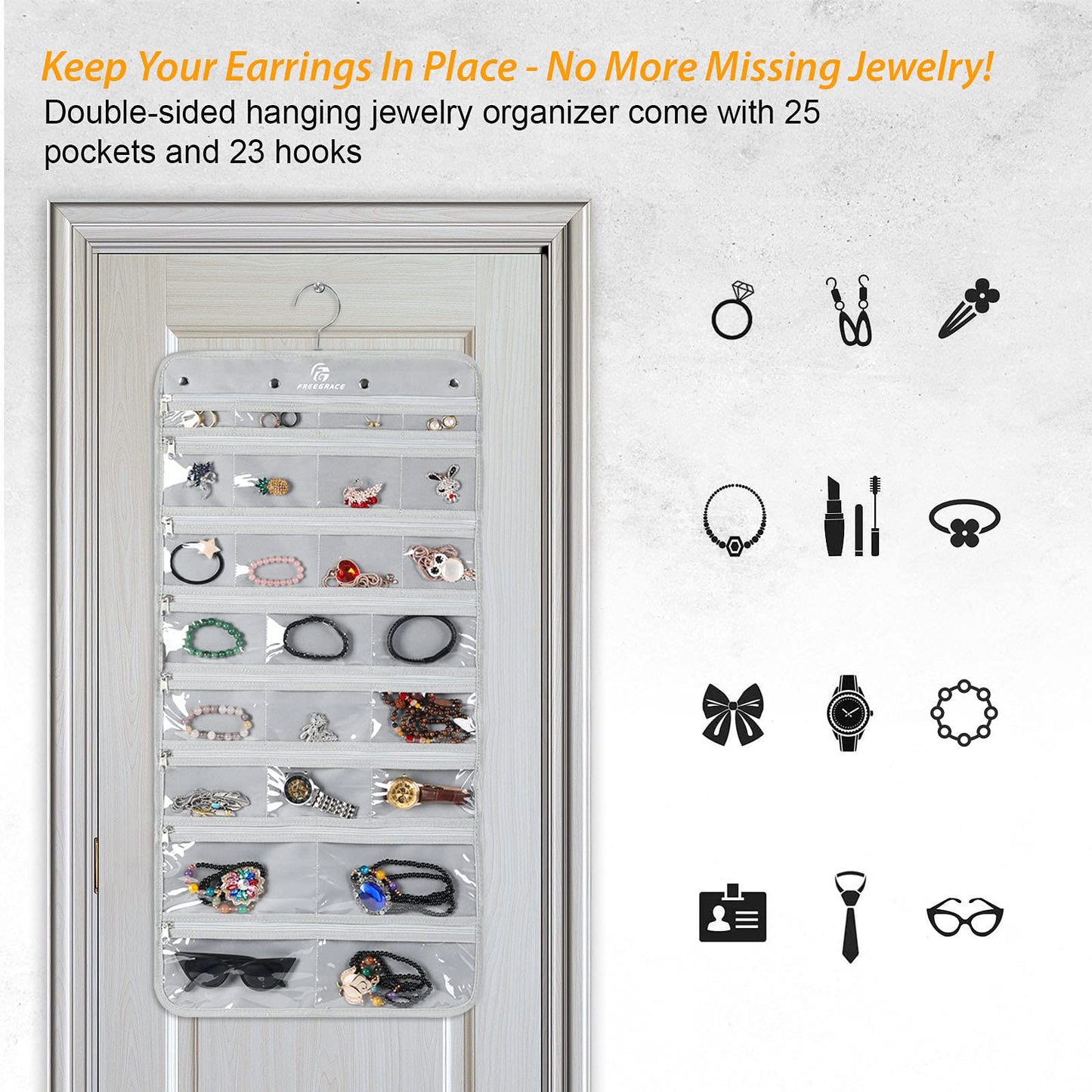 Freegrace Hanging Jewelry Organizer with Secure Zipper Closure - 360° Revolving Hanger, 25 Clear Pockets, 23 Necklace Hooks - Foldable Travel Storage & Closet Display (Gray)
