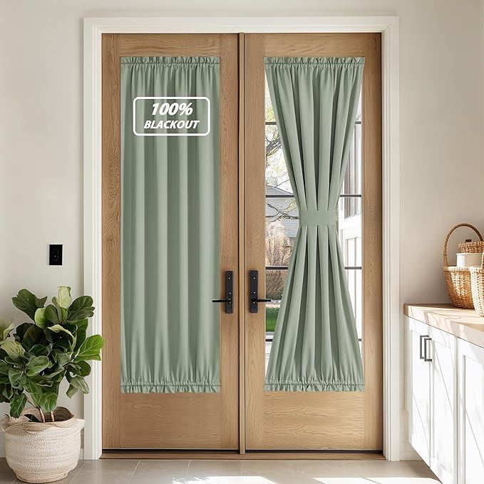 NICETOWN 100% Blackout Door Curtain for French Front Door with Adjustable Tieback, Thermal Insulated Privacy Room Darkening Window Covering for Kitchen Christmas Decor, W30 x L72, 1 Panel, Sage Green