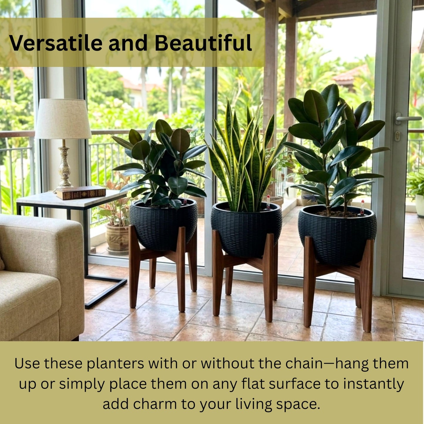 LaLaGreen Hanging Planters for Indoor Plants (11 Inch, 4 Pack) Self-Watering Round Rattan Style Flower Pots with Water Level Indicator, Black Metal Chain Hanging Baskets for Porch Garden Balcony Decor