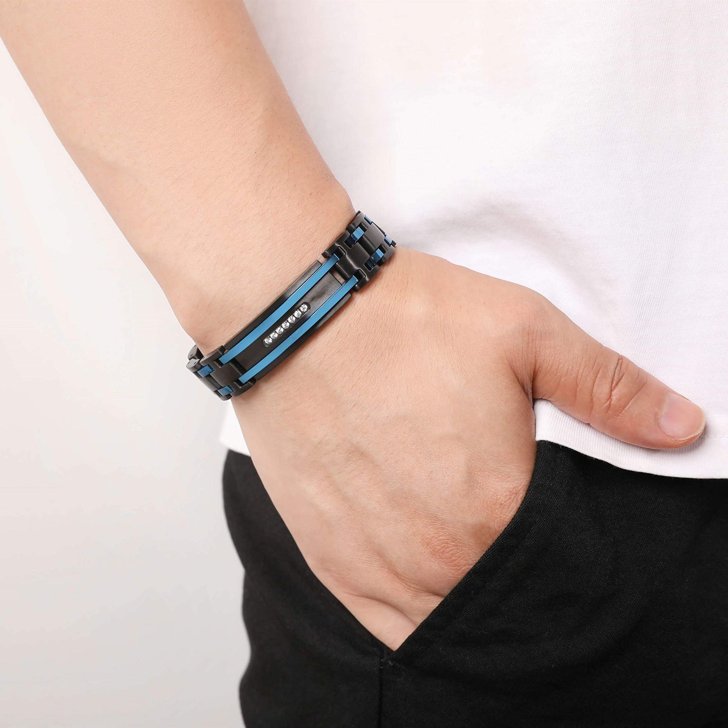 Zillaly Men's Stainless Steel Two-Tone Square Link diamond Bracelet in Black & Blue Ion-Plated Black (Black & Blue & Diamond)