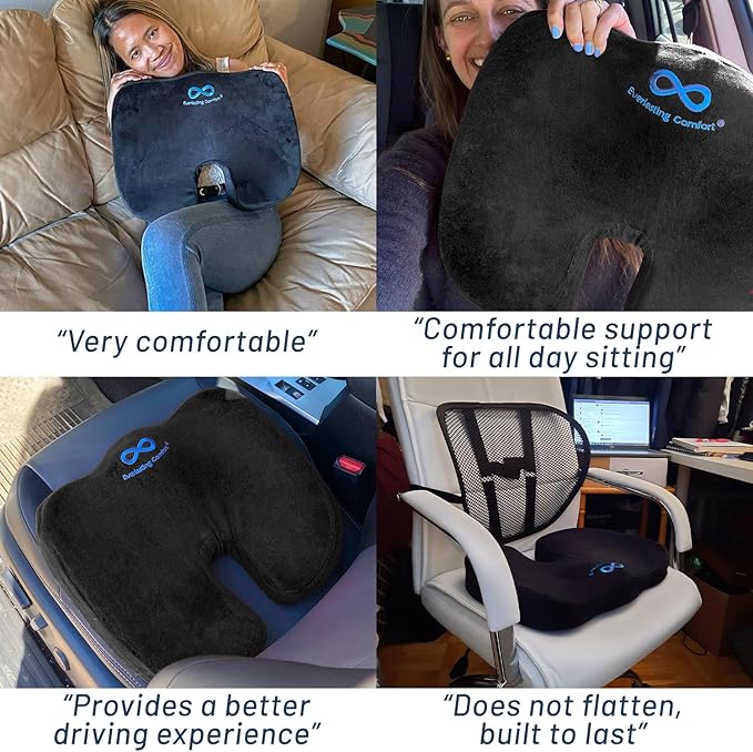 Everlasting Comfort Doctor Recommended Memory Foam Seat Cushion for Office Chairs & Car Seat - Ergonomic Office Desk Accessories for Tailbone Pain Relief, Sciatica & Back Support