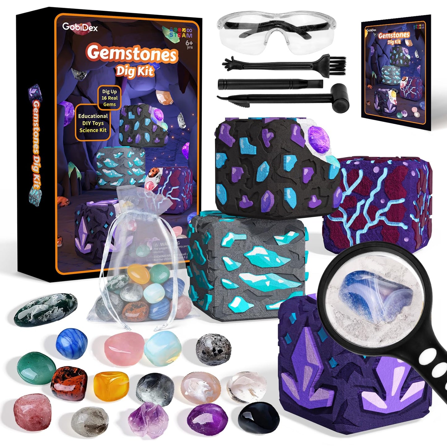 GobiDex Gemstones Dig Kit for Kids, Excavate 16 Real Gemstones, STEM Science Toy, Archaeology & Geology Science Gift for Boys and Girls Age 6+