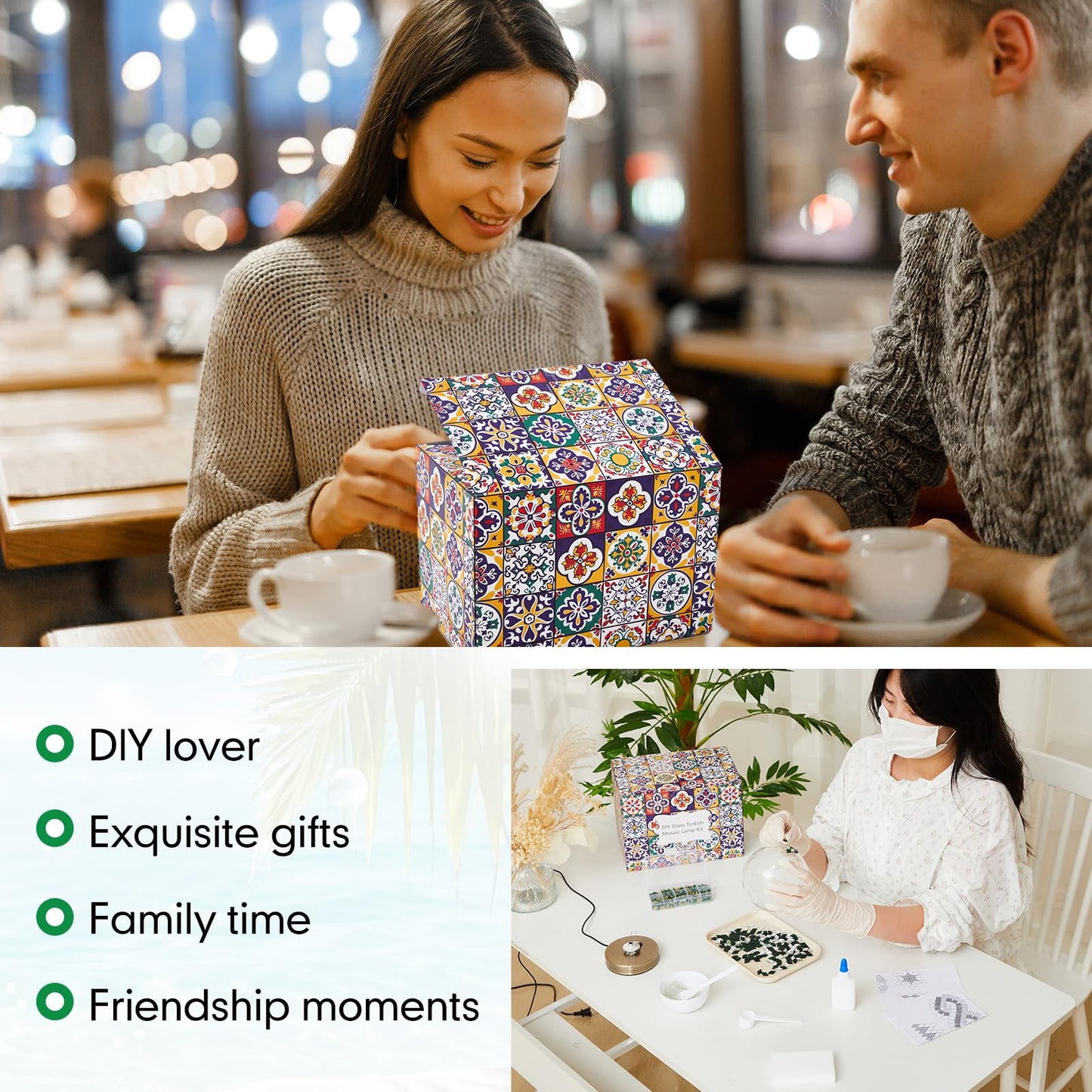 Baquler Turkish Mosaic Lamp Kit DIY Stained Glass Decorative Table Bedside Night Light Tabletop Bohemian Moroccan Lamp Craft Kit for Living Room Decorations(Green)