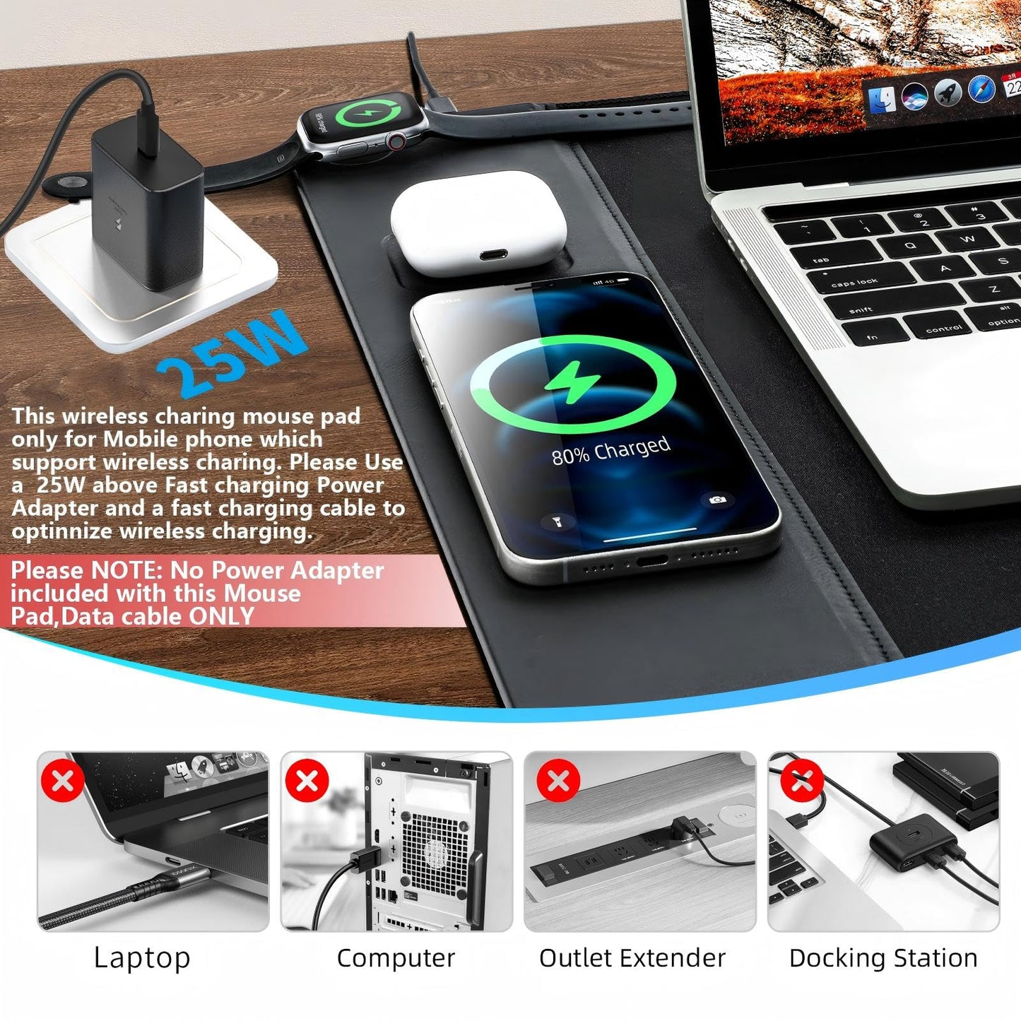 VOVIPO 3 in 1 Wireless Charging Mouse Pad, Gift for Dad/Office Manager,Wireless Charger Compitable with iPhone/Watch/airpods. Wireless Charging Desk Mat 90 x 40cm,Black Topographic Computer Desk Pad