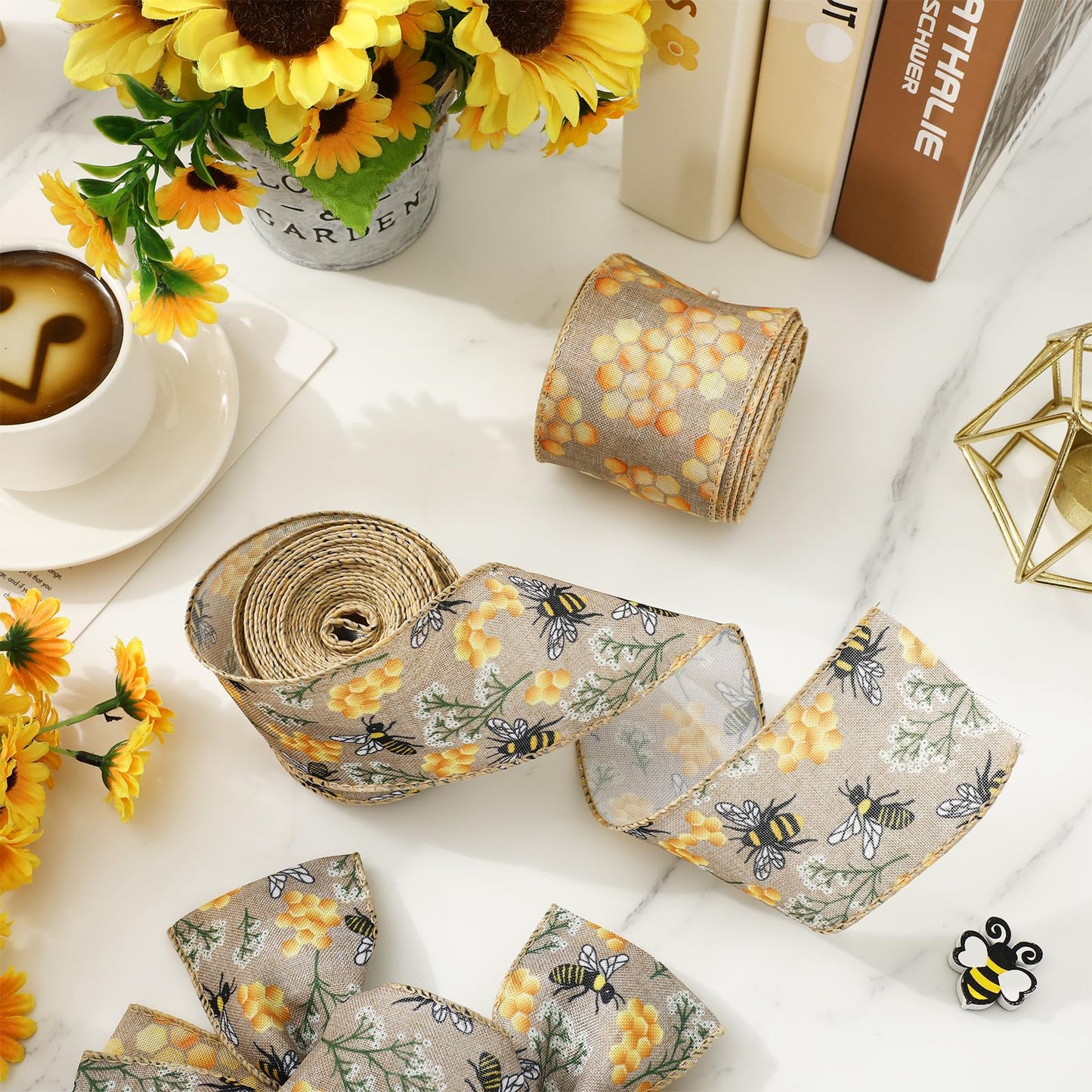 JarThenaAMCS 2 Rolls Bee Wired Edge Ribbons Craft Ribbon 2.5 in 20 Yards Bumble Bee Honeycomb Fabric Wrapping Ribbon for Bow Wreath Summer Party Home Decor