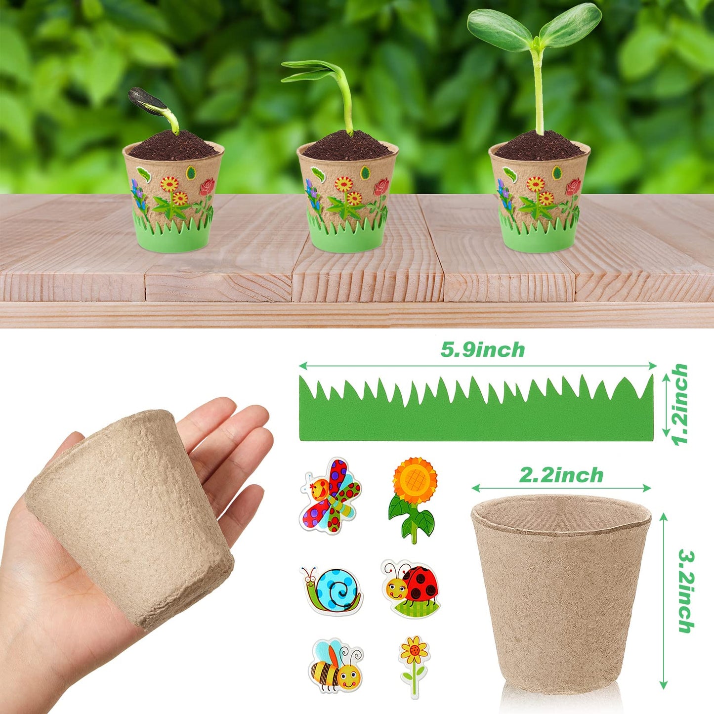 Gueevin 50 Pack Garden Paper Pot Craft Kit Flower Plant Spring Craft Including Peat Plant Pots Adhesive Foam Stickers Pot Stickers EVA Grass for DIY Flower Planting Growing