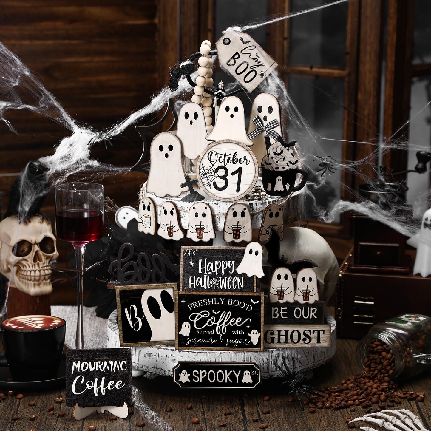 Seeloowy 19 Pcs Halloween Tiered Tray Decor Set Happy Halloween Cut Ghost Boo Wooden Signs Bat Coffee Rustic Table Decorations for Farmhouse Kitchen Shelf Party Supplies