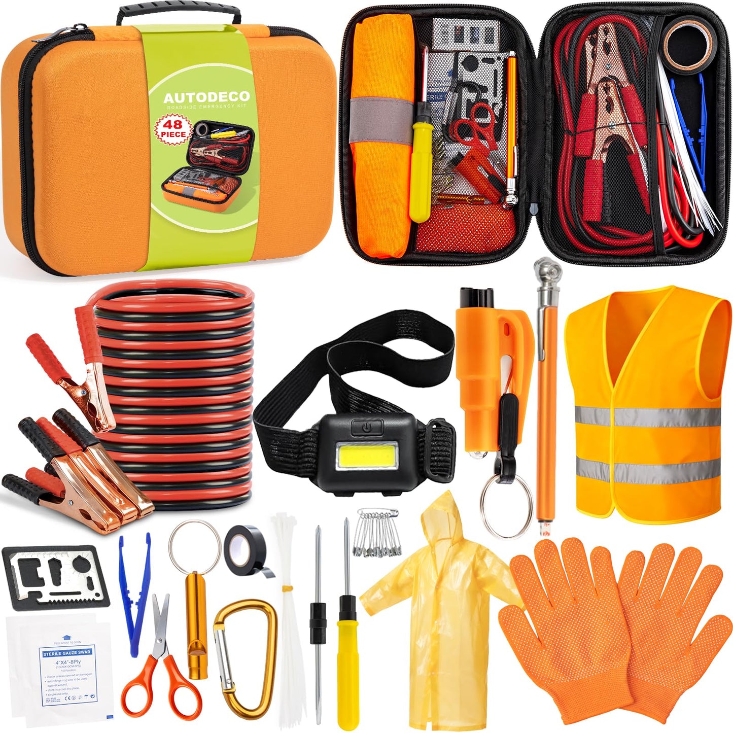AUTODECO Car Roadside Emergency Kit, Car Safety Kit Portable Car Kits for Emergency with Jumper Cable, Safety Hammer, Orange