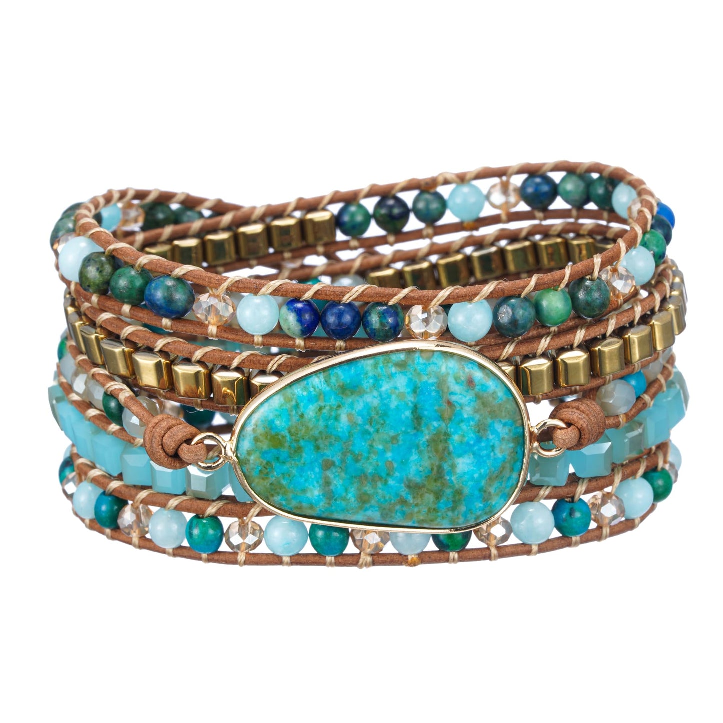 Plumiss Boho Chrysocolla Wrap Bracelet for Women Men, Handmade Leather Beaded Bracelet with Natural Stone Crystals, Bohemian Gemstone Statement Bracelet Adjustable Boho Jewelry Gift
