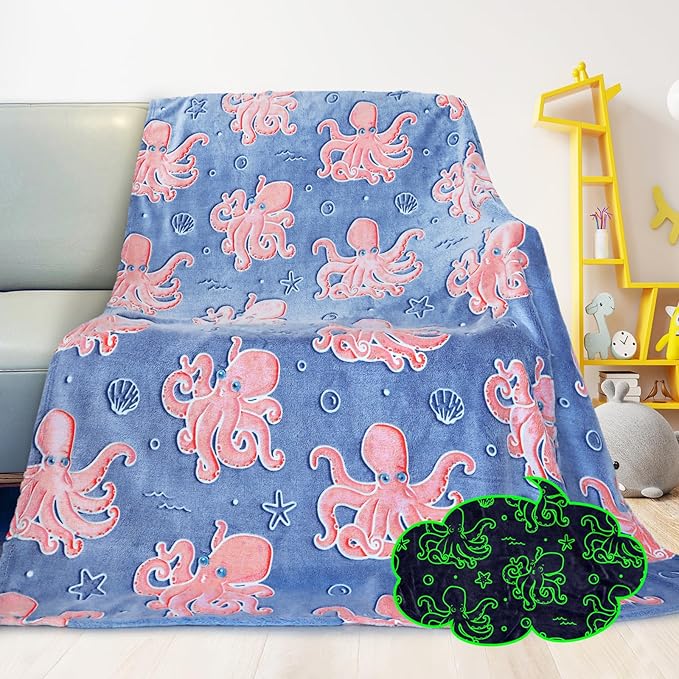 Octopus Blanket Twin Size Glow in The Dark Ocean Blanket Soft Octopus Gifts Toys Decor Blue Fleece Kids Throw for Christmas Birthday