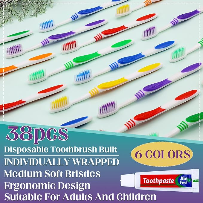 Disposable Toothbrush with Toothpaste 38 PCS, Travel Toothbrush and Toothpaste Bulk Set, Soft Bristle Individually Wrapped Toothbrushes Bulk for Kids, Adult. Suitable for Hotel, Travel, Home, Donated