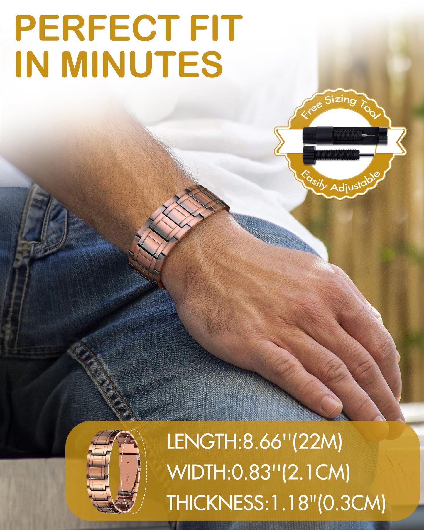 Feraco Copper Bracelet for Men, 3X Ultra Strength Magnetic Bracelets, 99.99% Pure Copper with 3800 Gauss Neodymium Magnets & Folding Clasp, Adjustable with Gift Box