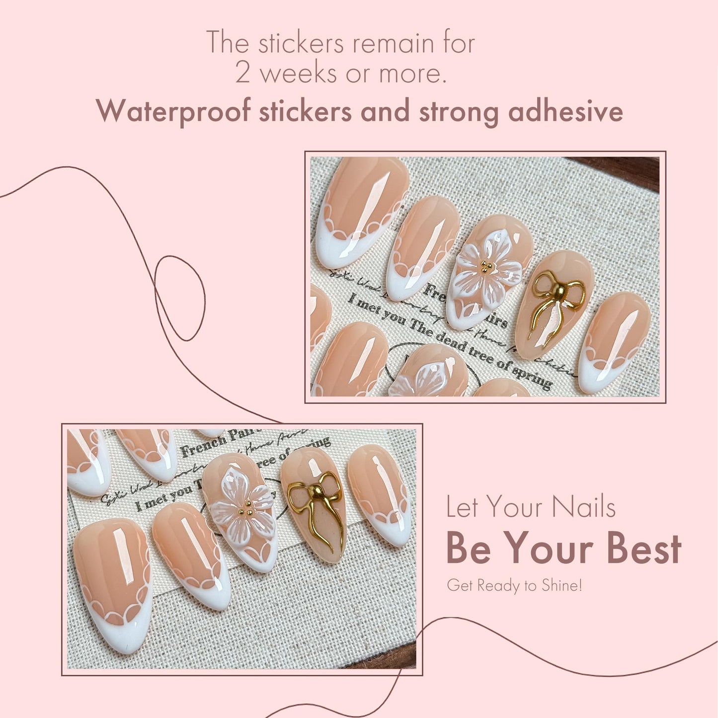 Blossom Bow Fake Nails Press on, 22mm Nude French Floral with Romantic Bow & Flower, Elegant Bridal Acrylic Nail Set for Women, Dates & Spring (Multicolor, S)