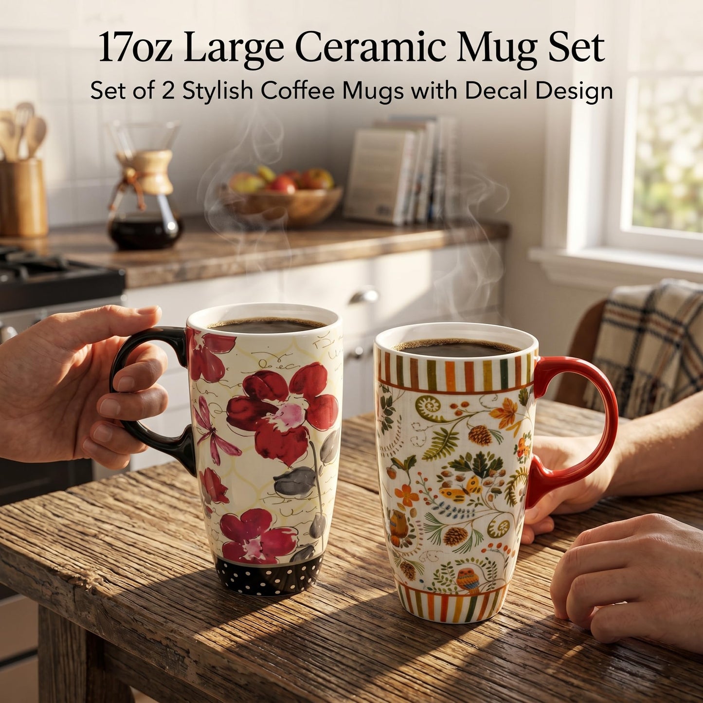 Topadorn Ceramic Coffee Mug Set of 2, 17 Oz Tea Cups with Handle and Lid for Latte, Tea, Cappuccino, Milk, Cocoa, Microwave&Dishwasher Safe, Flowers and Forest