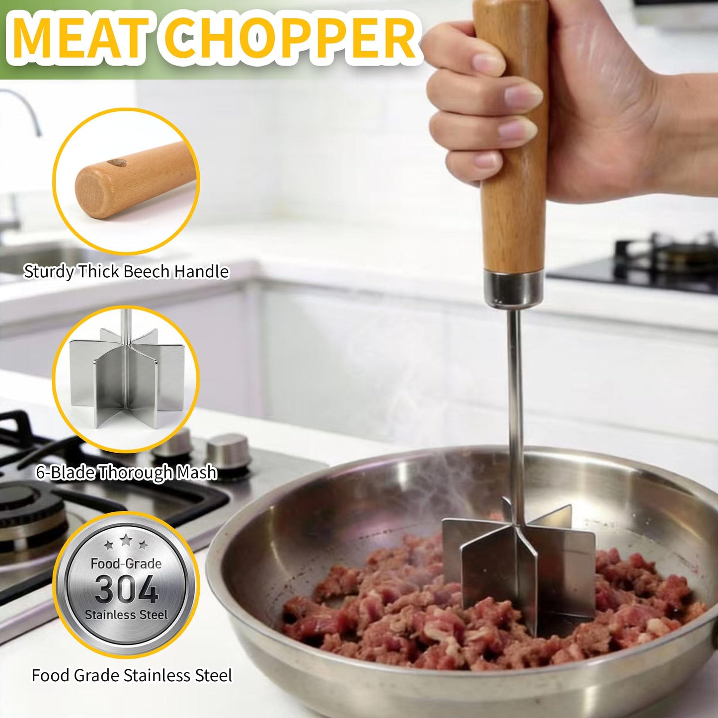 304 Stainless Steel Meat Chopper Meat Masher, 6 Curved Blades 10.5 Inch Ground Beef Chopper Tool, Hamburger Smasher, Potato Masher Durable Multi-Purpose Kitchen Tool