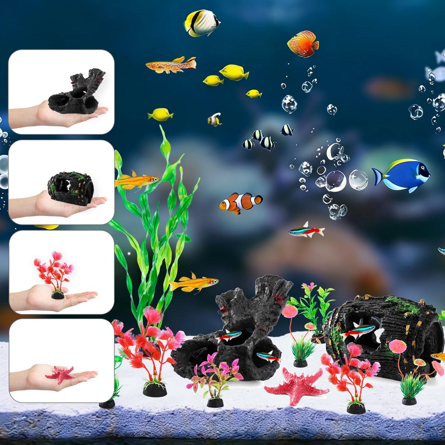 TOKCAM 14pcs Fish Tank Decorations Set, Aquarium Decor Driftwood, Resin Fish Broken Barrel and Artificial Plastic Plants, Fish Bowl Ornaments Betta Tank Hideout Accessories