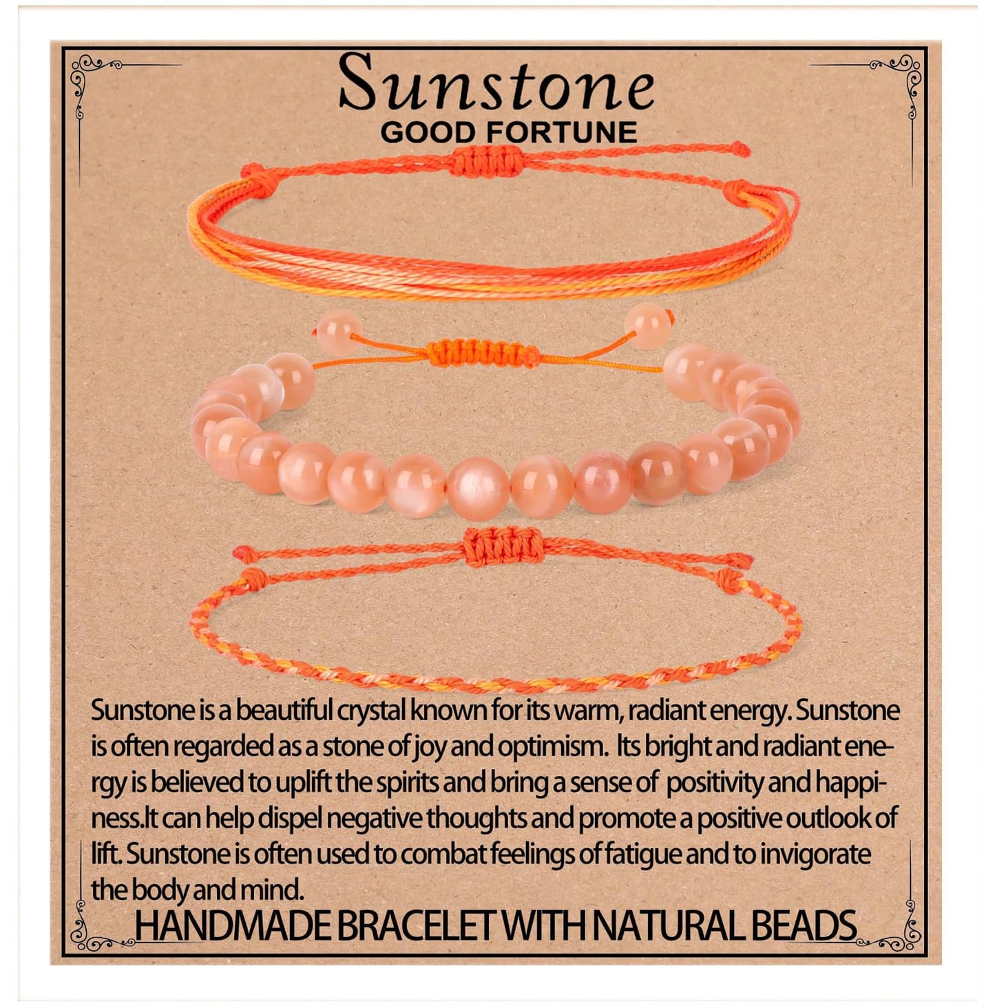 QOGIR Handmade Healing Bracelets,8mm Natural Sunstone Gem Stone Beads Bracelet for Men Women Gifts with 2PCS Size Adjustable Rope Bracelets