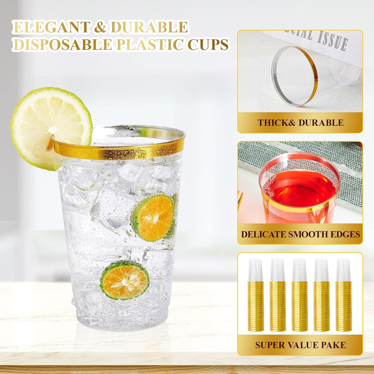 Vplus 150 Pack 12 OZ Reusable Gold Rimmed Clear Plastic Cups, Disposable Heavy Duty Plastic Cups Perfect for Party Christmas Wedding