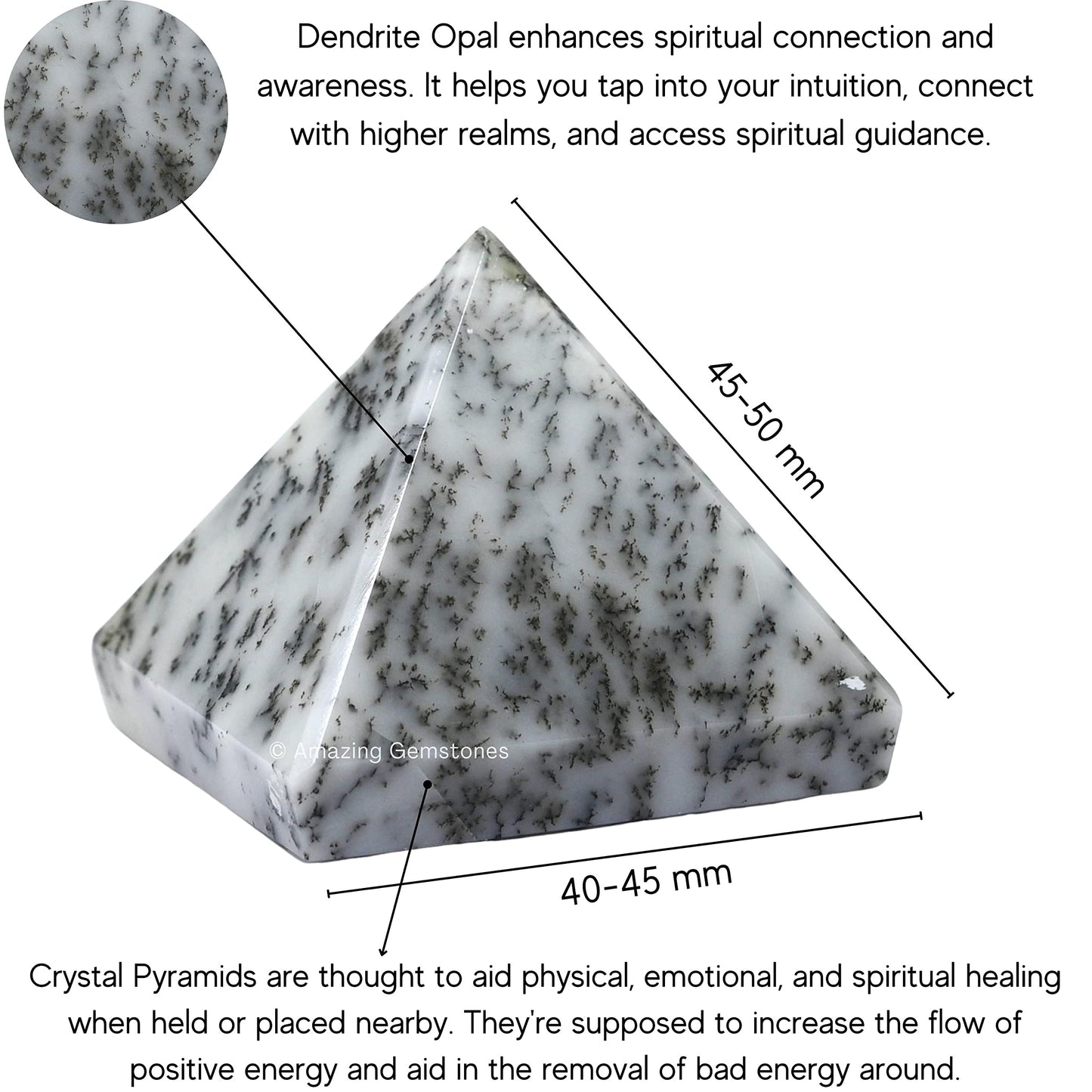 Amazing Gemstone Dendritic Opal Pyramid Crystal Healing Stones - 2" Great Pyramid Figurine of Natural Stone Pyramid for Meditation, Reiki, Chakra Balancing and Crystal Pyramids Grid