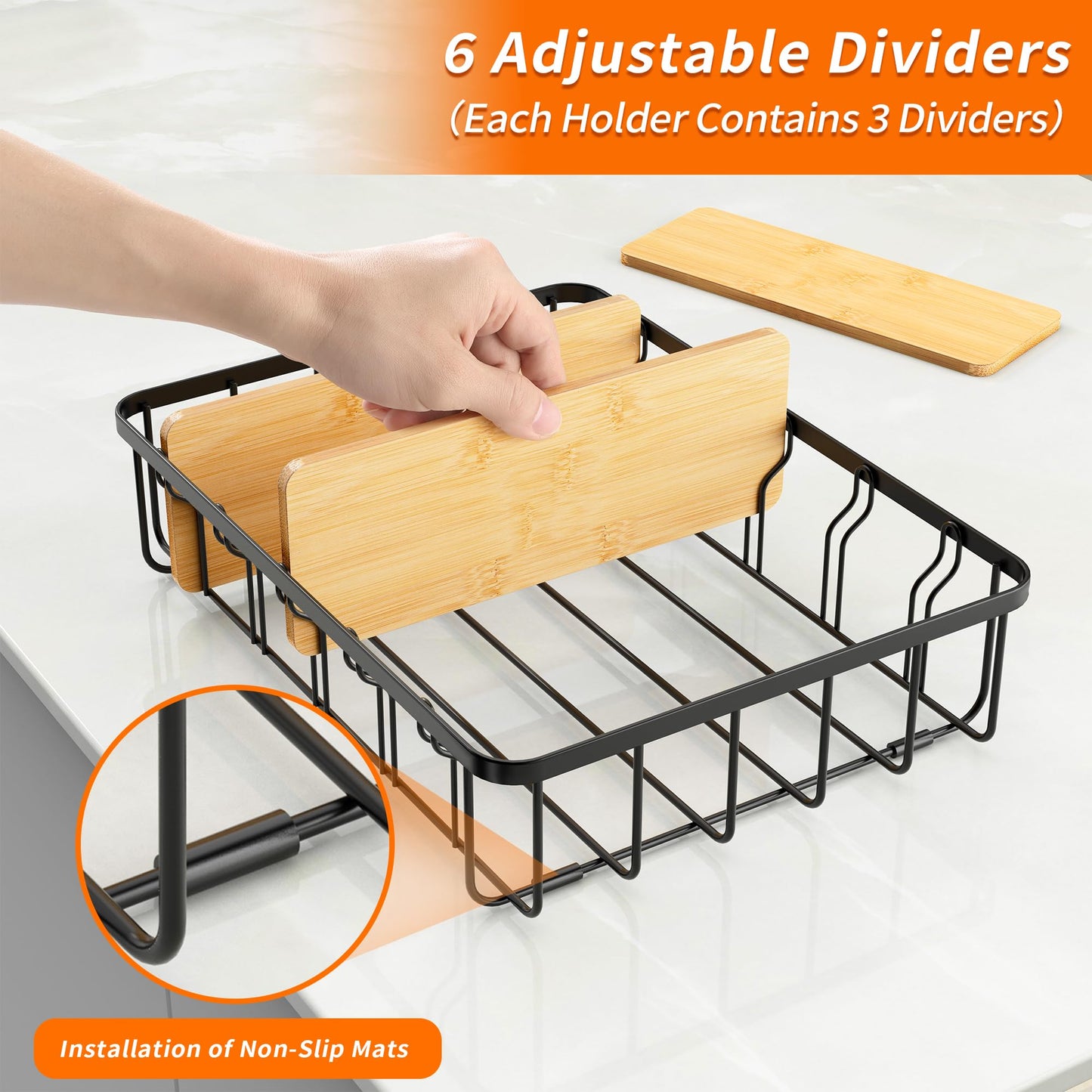 CACHOLIV 2-Pack Adjustable Lid Organizers - Large Kitchen Cabinet Organizer for Food Storage Container and Tumbler Cup Lids with 6 Bamboo Dividers -Organizers in Kitchen/Pantry/Laundry Room(Size:M+L)