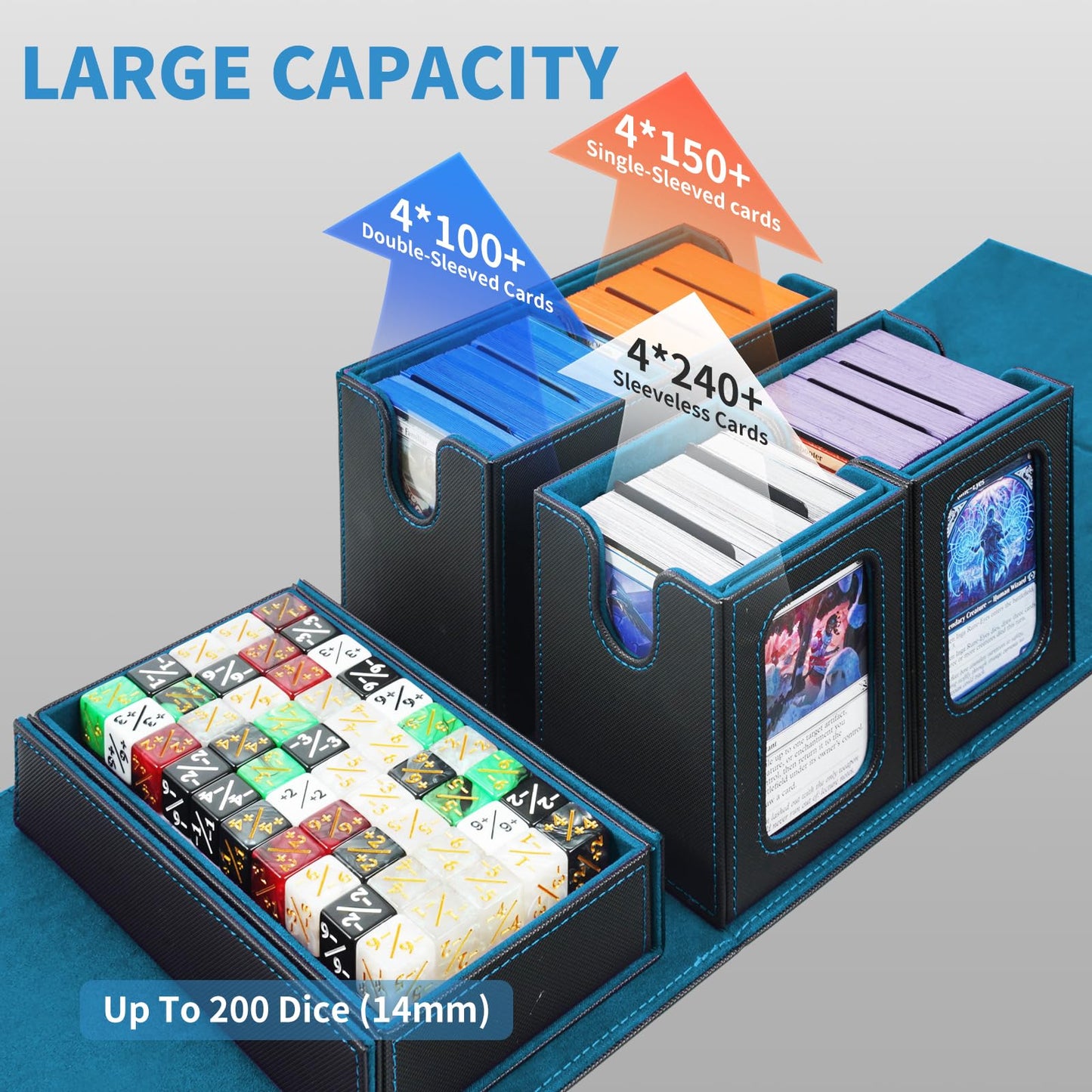 AFIING Commander Deck Box for MTG, Holds 400+ Double-Sleeved Cards, 4 Removable Deck Cases with Display Window, Dice Tray/Handle,Trading Card Storage Organizer/Dividers for TCG (Black Cyan)
