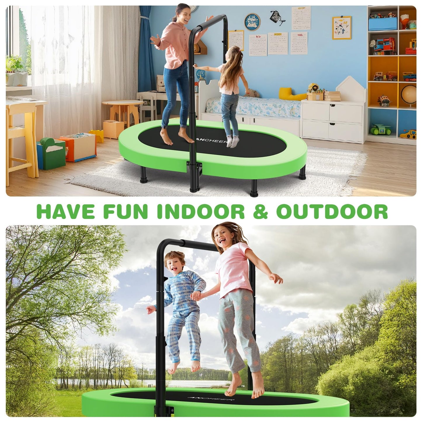 ANCHEER 56" Double Mini Trampoline for Kids, Mini Rebounder with 5-Level Adjustable Handle, Parent-Child Trampoline for Kids, Max Load 220lbs, Fun for Indoor/Outdoor