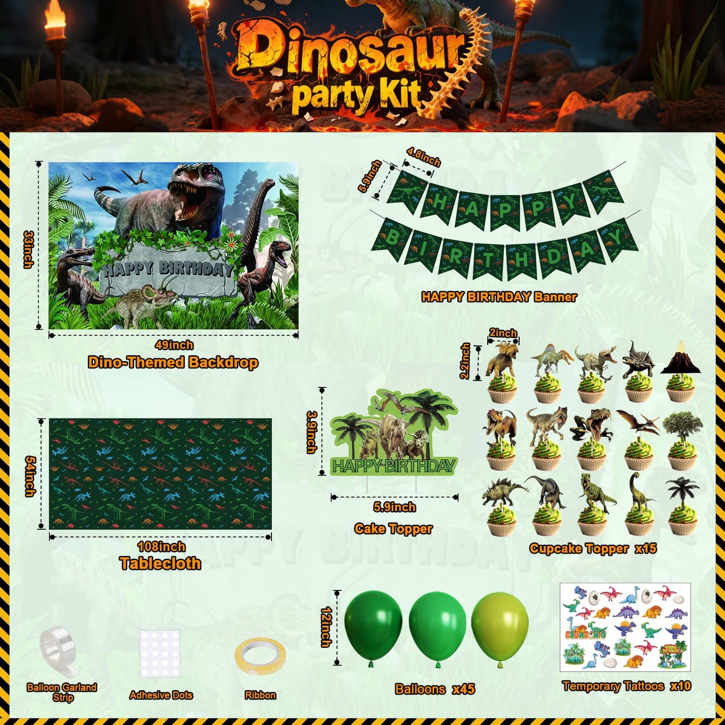 Dinosaur Birthday Party Decorations for Boys - Complete Kids Dino Party Supplies with Backdrop, Tablecloth, Birthday Banner, Cake Toppers, Balloons Kit & Tattoo Stickers