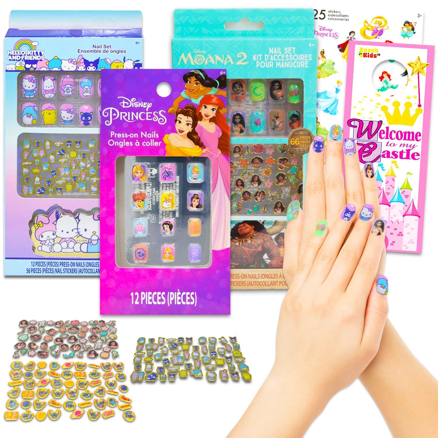 Disney Princess, Moana, and Hello Kitty Press on Nails Set - Bundle with 3 Sets, 100+ Nail Stickers Plus More | Disney Dress Up Accessories for Kids