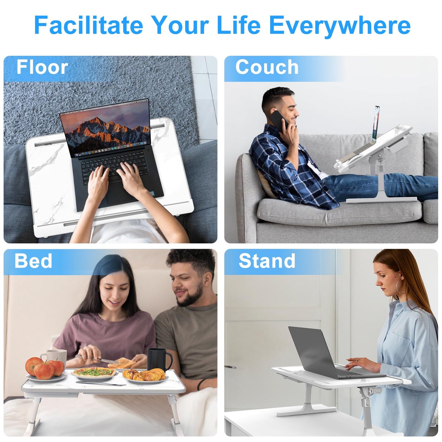HETTHI Laptop Bed Desk, Adjustable Laptop Lap Desk with Drawer, X-Large Foldable Bed Table Tray for Bed Couch Floor Desk Writing Working Reading Eating Painting (Marble, 23.6"×15.7")