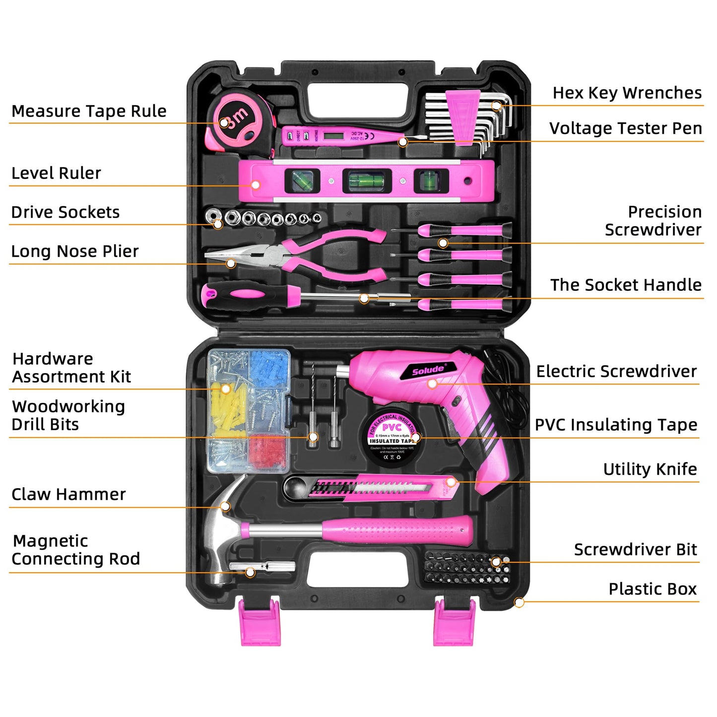 SOLUDE Pink Tool Set,130 Piece Home Tool Kit for Women with 3.6V Cordless Rechargeable Screwdriver,Basic Household Tool Kit Set for New Home,Apartment,College Dorm & DIY Projects