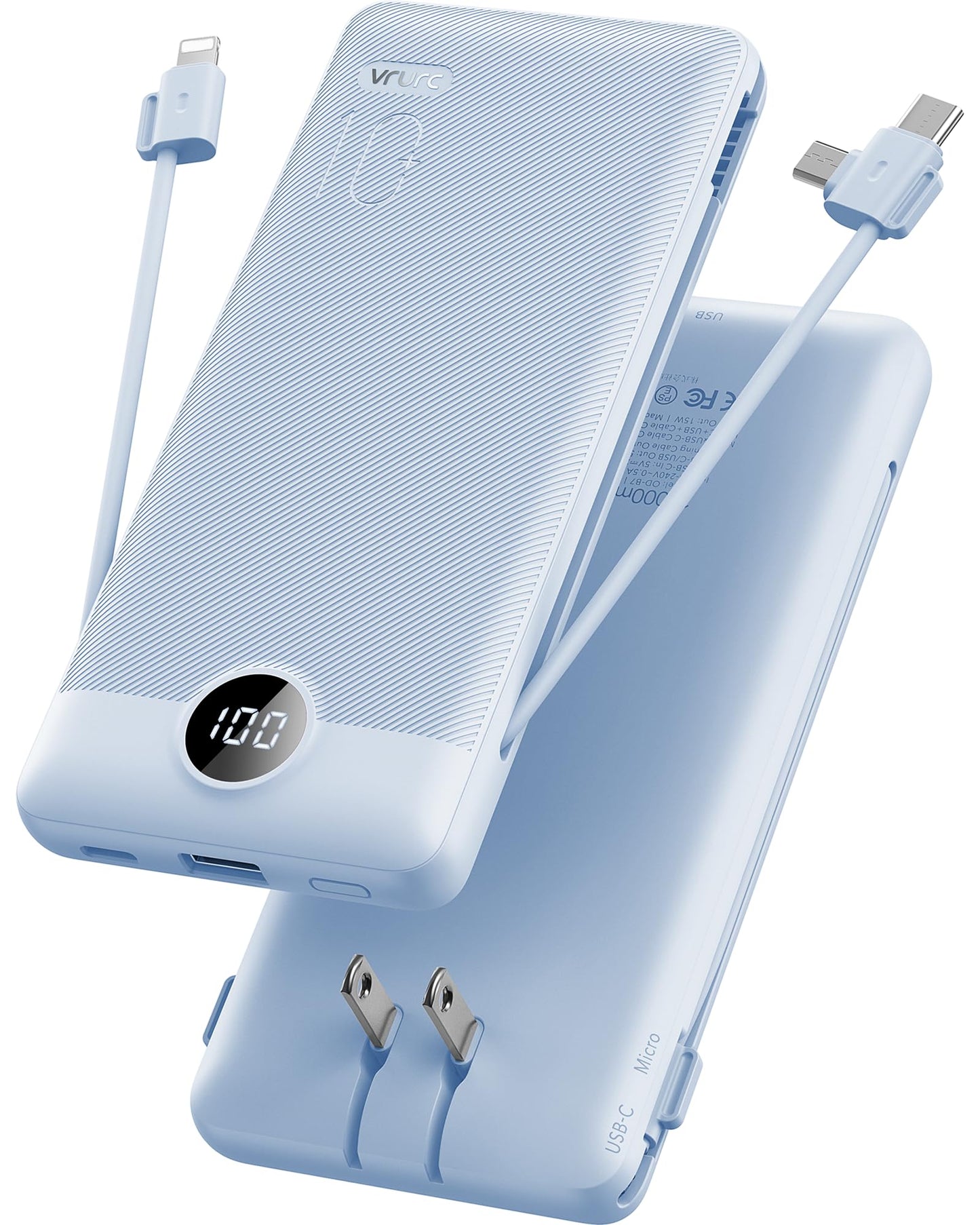 VRURC Portable Charger Built-in Cables and AC Wall Plug, USB C Power Bank 10000mAh, Travel Essentials Phone Charger Compact Lightweight External Battery Pack for Smart Phones, Tablets etc-Blue