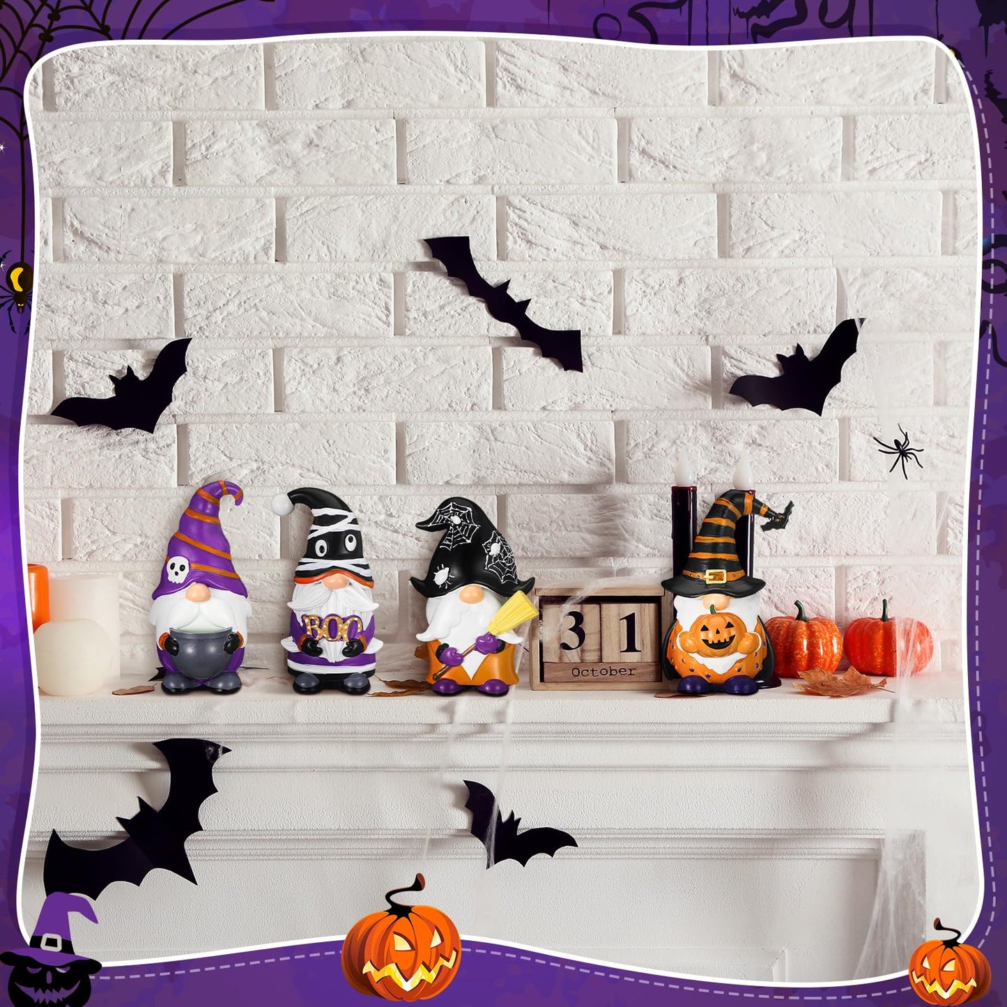 Wenqik 4 Pcs Halloween Gnomes Decor Boo Resin Gnome Figurines Spooky Gnomes Decor Halloween Tiered Tray Collectible Tabletop Decorations for Home Kitchen Office