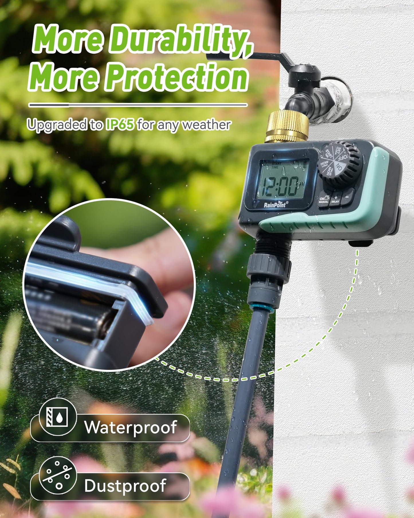 RAINPOINT Sprinkler Timer Outdoor,Programmable Water Timer for Garden Hose Faucet,Irrigation System with Rain Delay/Manual(Metal)
