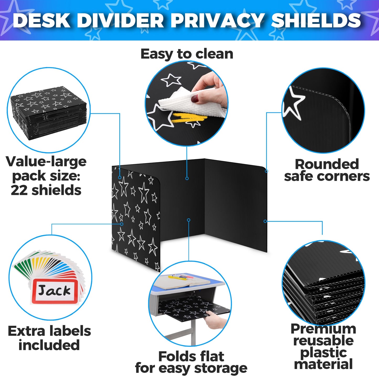 22-Pack Desk Dividers for Students - Star, Durable & Waterproof Plastic Study Carrel Divider, Classroom Folders Teacher Supplies, Easy-to-Clean Plastic Privacy Shield Folder Boards for Student Desks