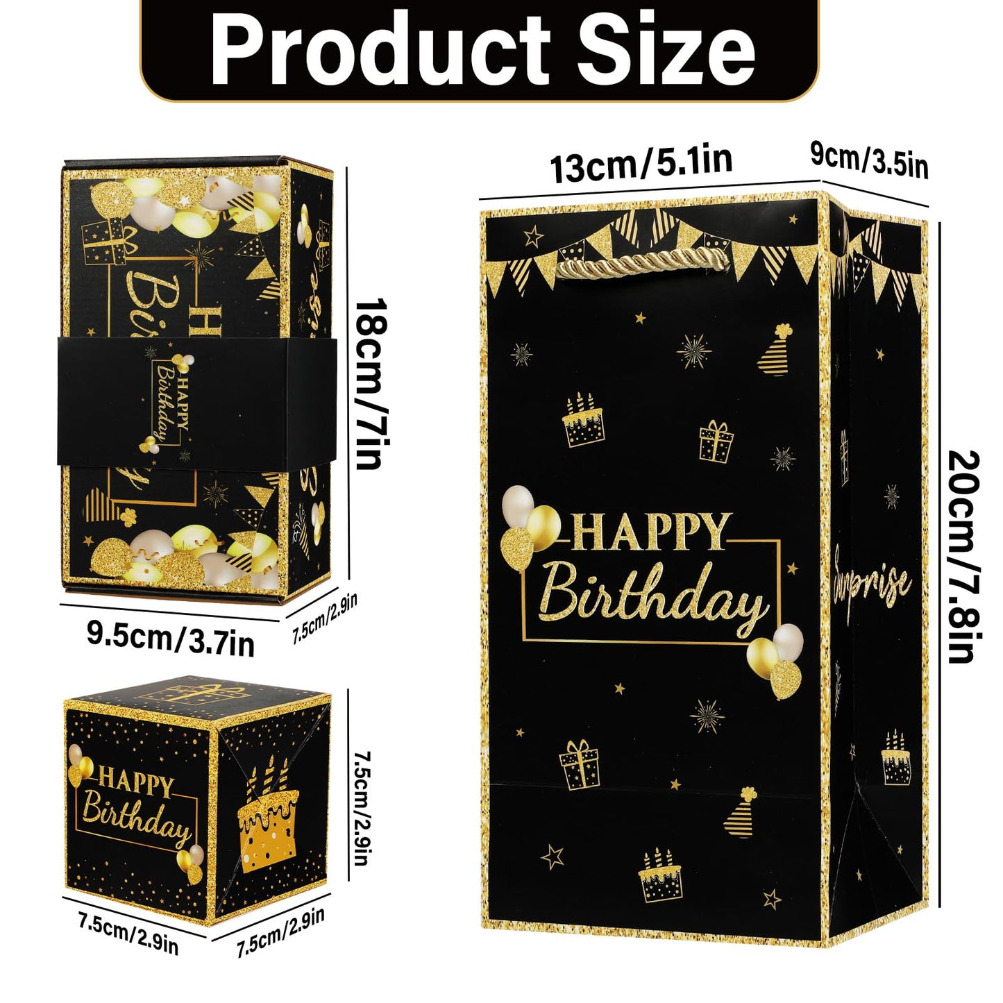 Jacyan Birthday Surprise Gift Box Explosion for Money, Exploding Money Gift Box for Cash Pop up Birthday Money Explosion Box Surprise Party Gift 12 Folding Bounce Boxes for Men Women Kids, Black Gold