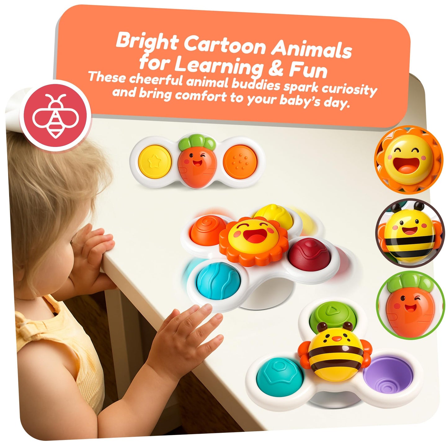Suction Cup Rotating Sensory Bath Toys, Baby Sensory Travel Table Toy for Toddlers, Boys, Girls, 3 Pieces