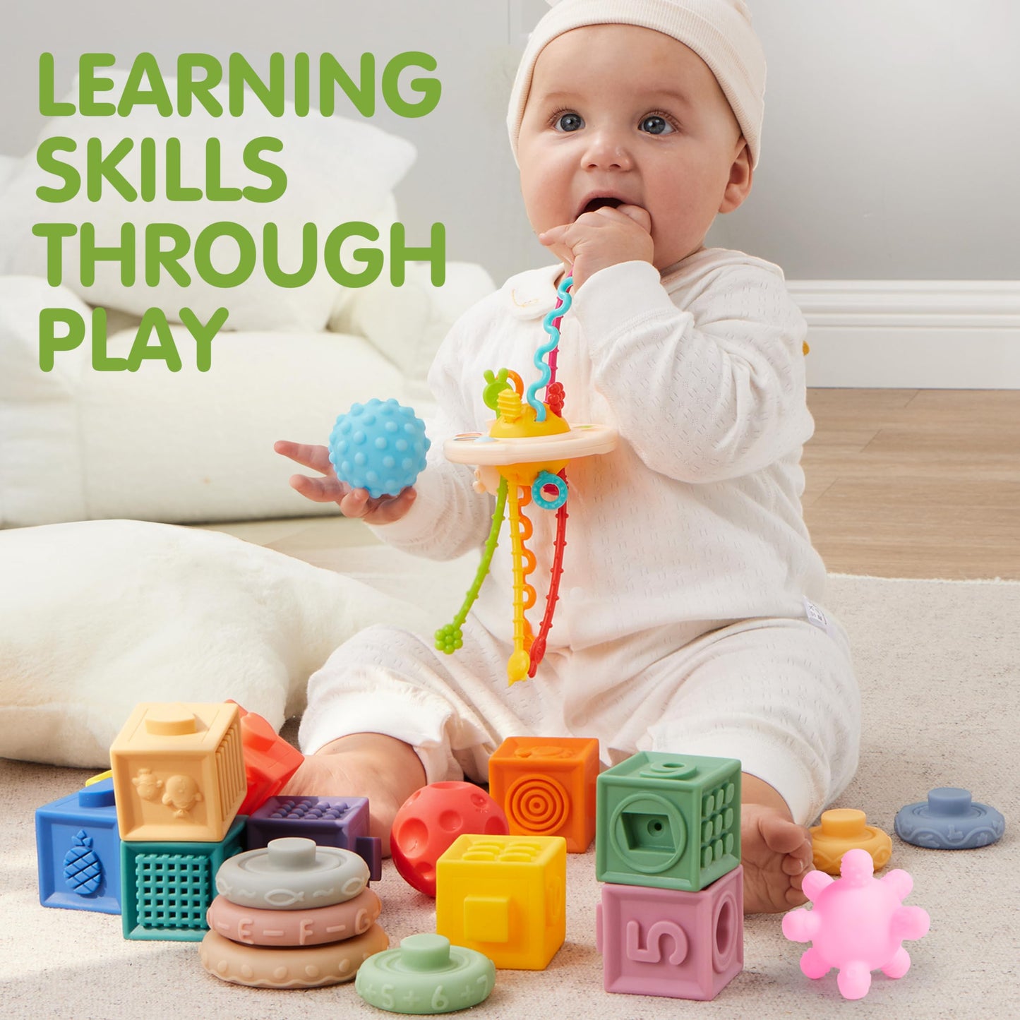 JOYIN Baby Toys - Montessori Toys for Babies, Food-Grade Sensory Present Infant Stacking Circles Teether, Blocks, 3D Stress Balls, Pull String, Learning Gifts for Baby Girls Boys