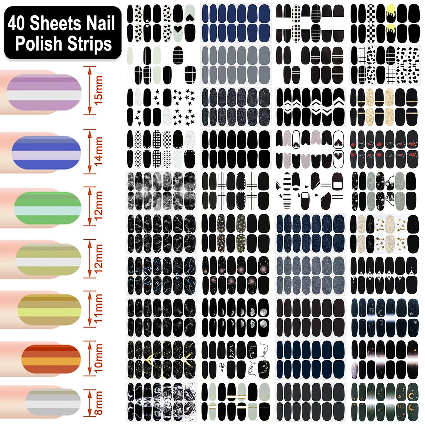 DANNEASY Black Nail Wraps Solid|Marble|French Tip Nail Polish Stickers for Women 40 Sheets, 560 Pieces, Self Adhesive Fingernail Sticker Nails with Nail File, Cuticle Stick