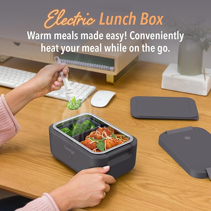 Bentgo Heat - Electric Lunch Box - Portable Food Warmer for Adults, Heated Lunch Box for Work, Travel, School & On the Go, Plug Into Wall or Car, Ideal for Ages 14+, 12V/24V & 120V Cords (Obsidian)