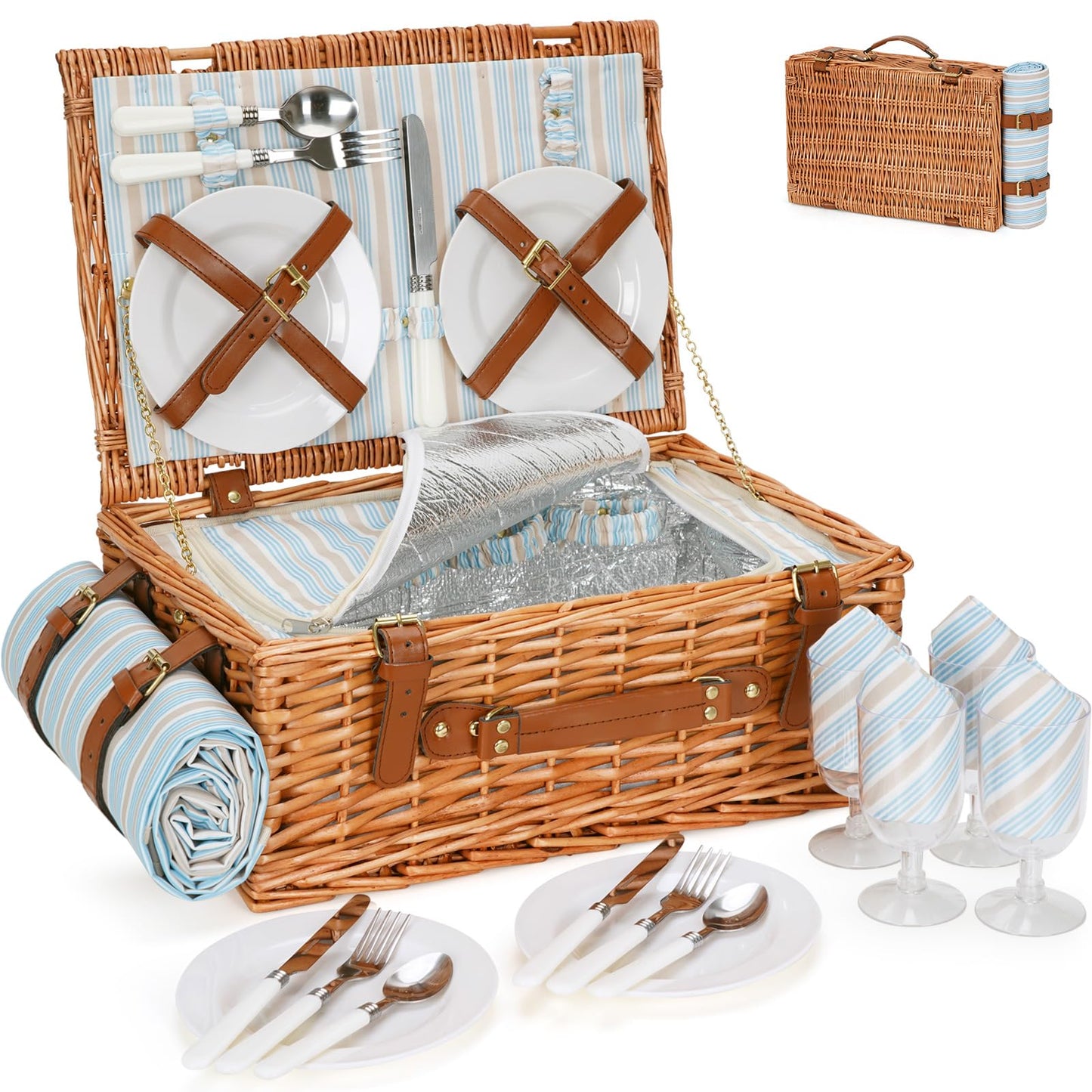 HappyPicnic Wicker Picnic Basket Set for 4 Persons | Large Willow Hamper with Large Insulated Cooler Compartment, Waterproof Blanket and Cutlery Service Kit-Classical Brown