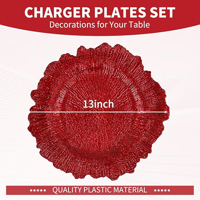 Teruntrue 24 Pcs Red Charger Plates Bulk 13 Inch Plastic Charger Plates for Dinner Plate, Red Chargers for Table Setting, Reef Design Plate Floral Decorative Round Chargers for Wedding Party, Event